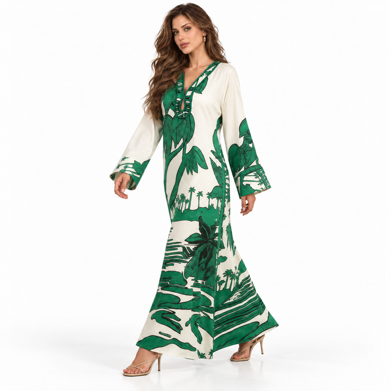 Green Tropical Print Full Length Kaftan-3