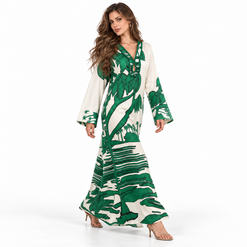 Green Tropical Print Full Length Kaftan-2