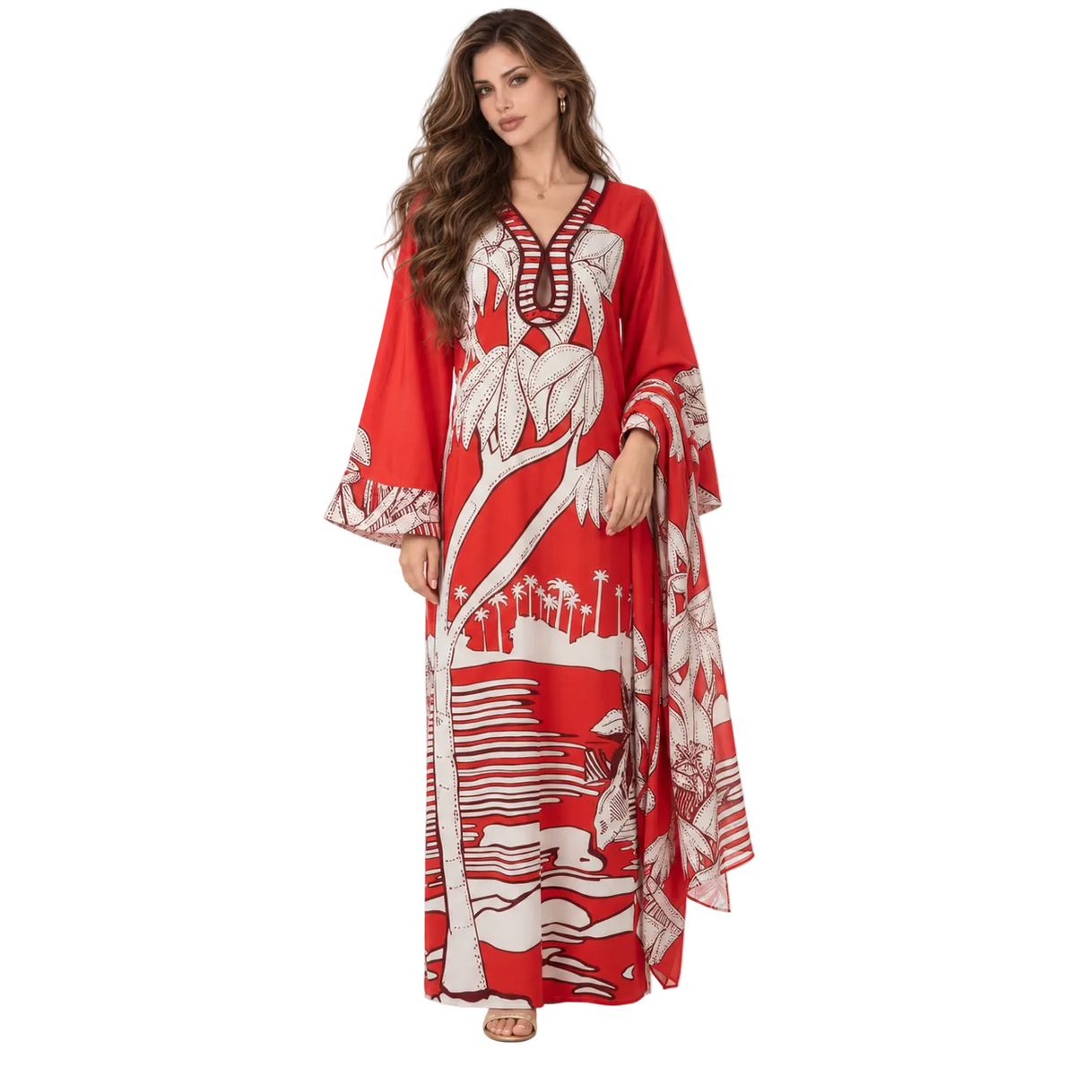 Red White Tropical Print Elegant Kaftan