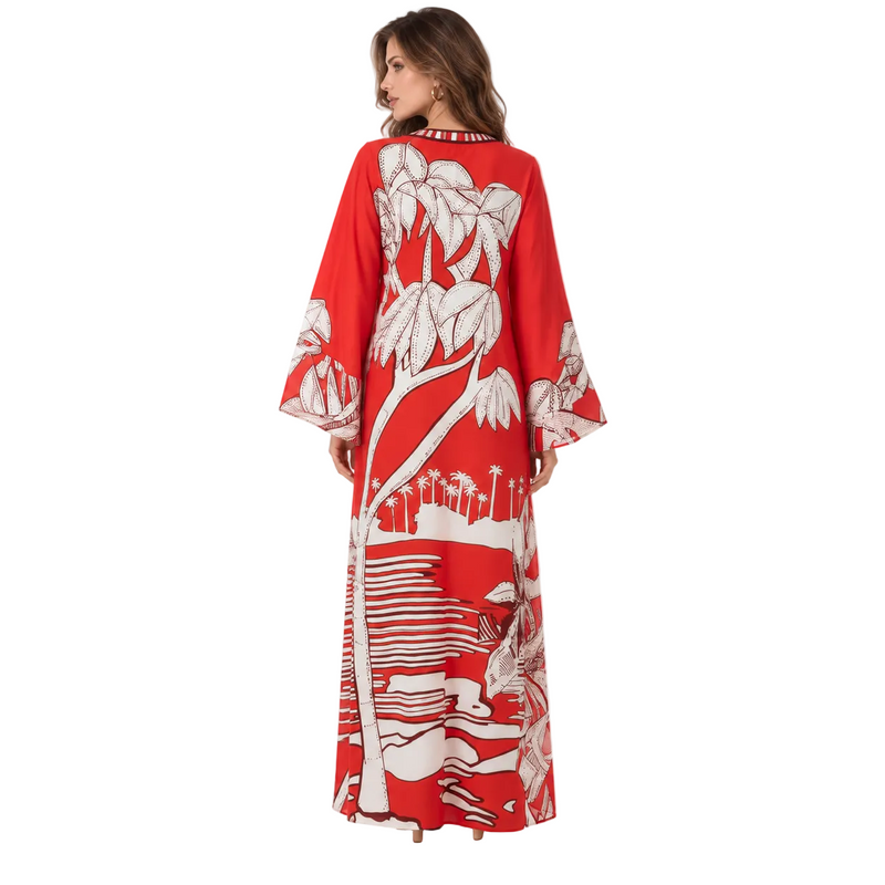 Red White Tropical Print Kaftan Dress-4