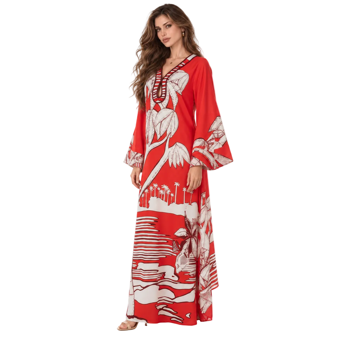 Red White Tropical Print Kaftan Dress-2