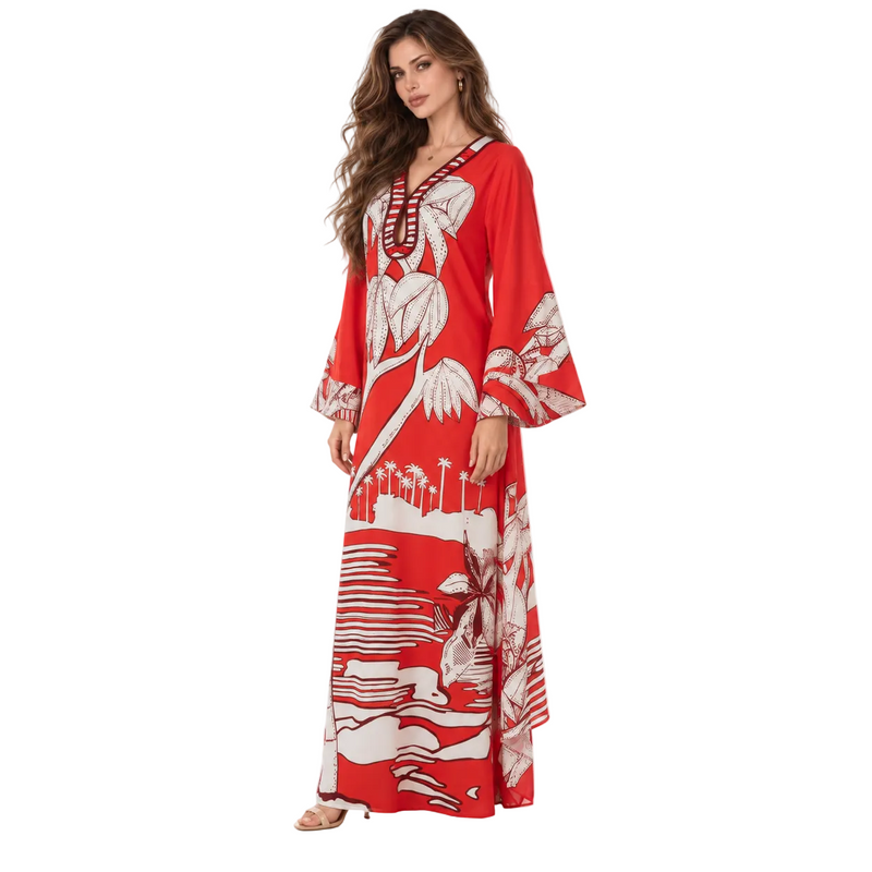 Red White Tropical Print Kaftan Dress-2