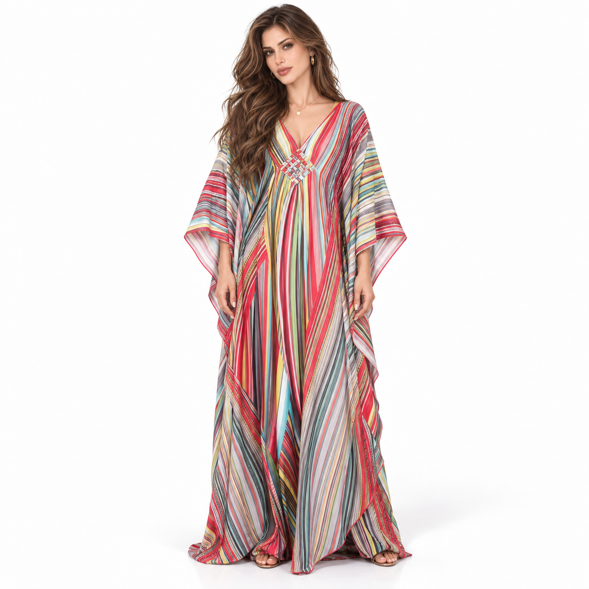 Multicolor Striped Flowing V-Neck Kaftan Dress-1