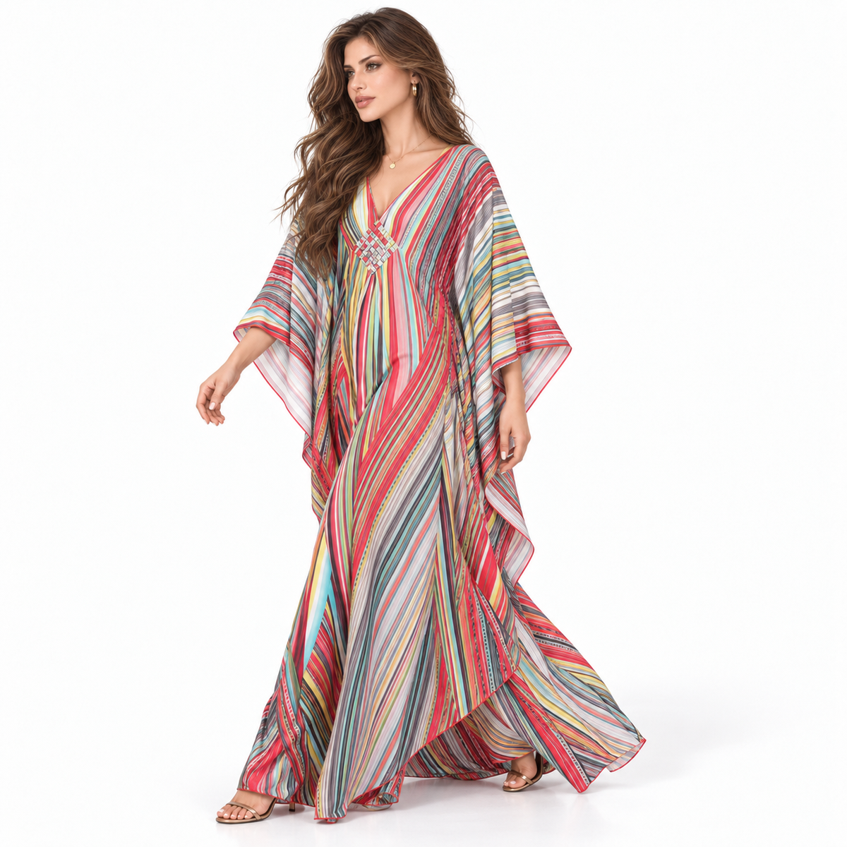 Multicolor Striped Flowing V-Neck Kaftan Dress-3