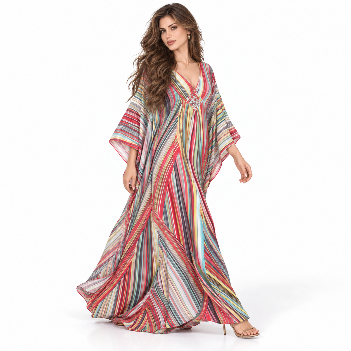 Multicolor Striped Flowing V-Neck Kaftan Dress-2