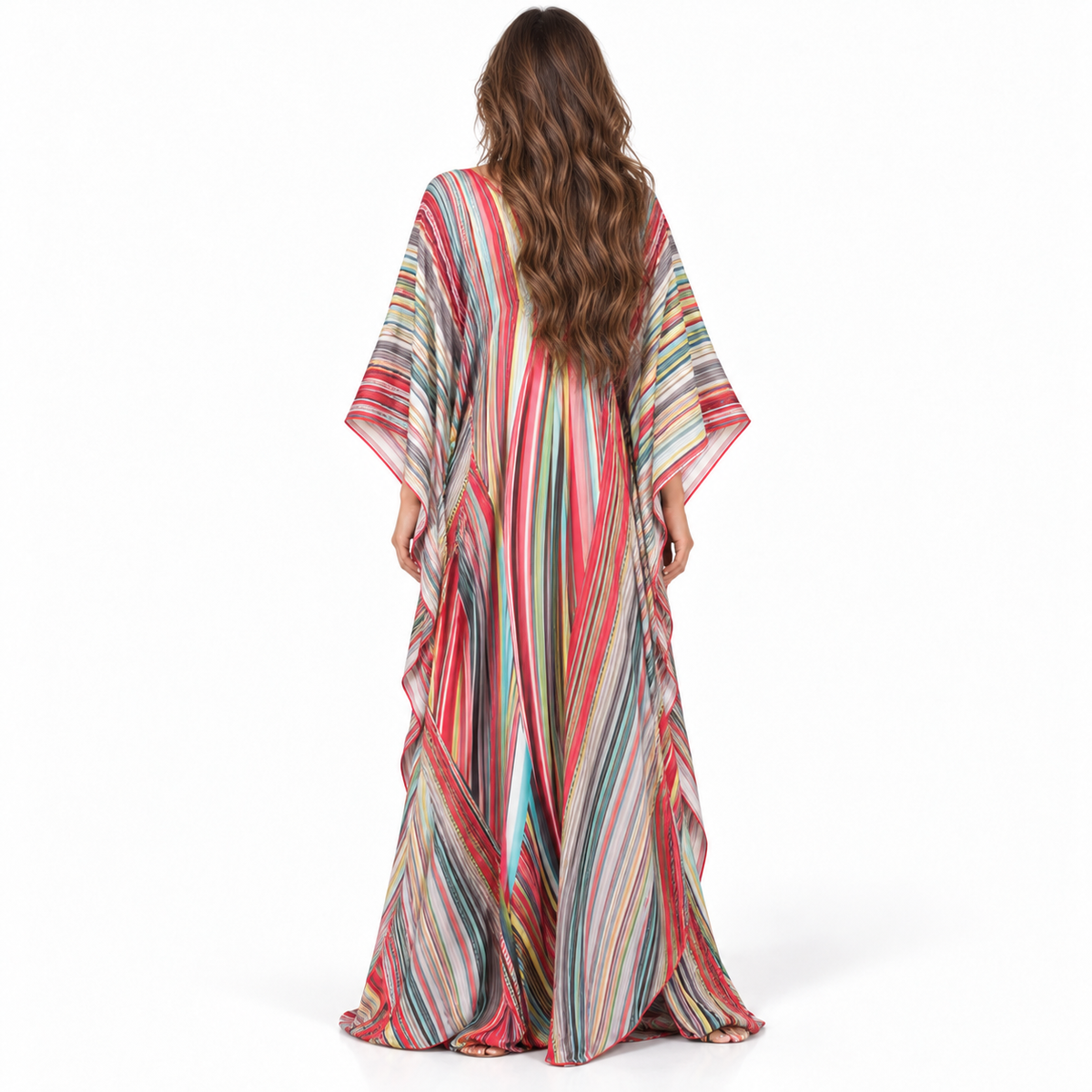 Multicolor Striped Flowing V-Neck Kaftan Dress-4