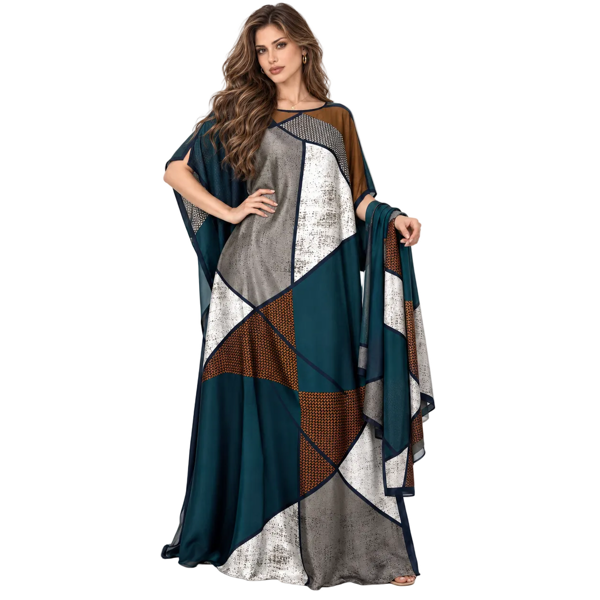 Blue Geometric Patchwork Flowing Kaftan Dress-1