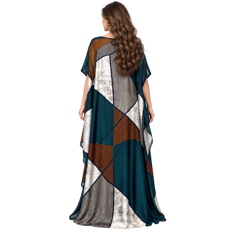 Blue Geometric Patchwork Flowing Kaftan Dress-4