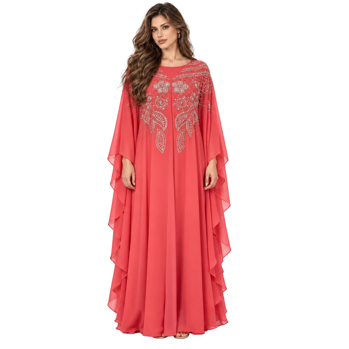 Red Embellished Flowing Chiffon Elegant Kaftan