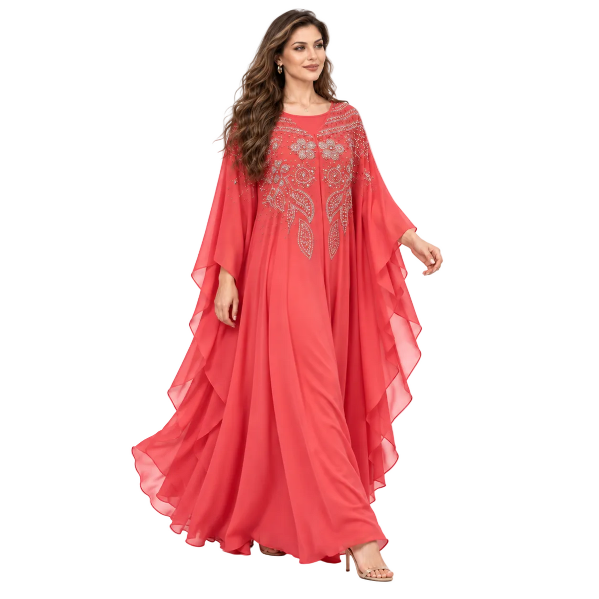 Red Embellished Flowing Chiffon Elegant Kaftan