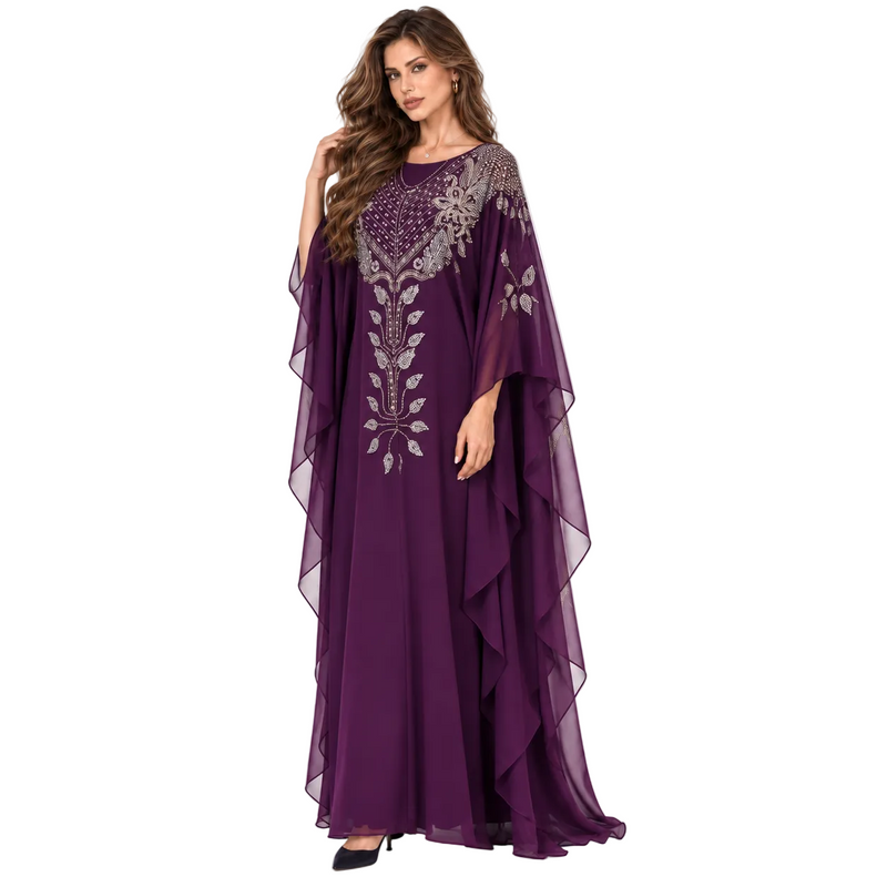 Purple Embellished Chiffon Kaftan Evening Dress-1
