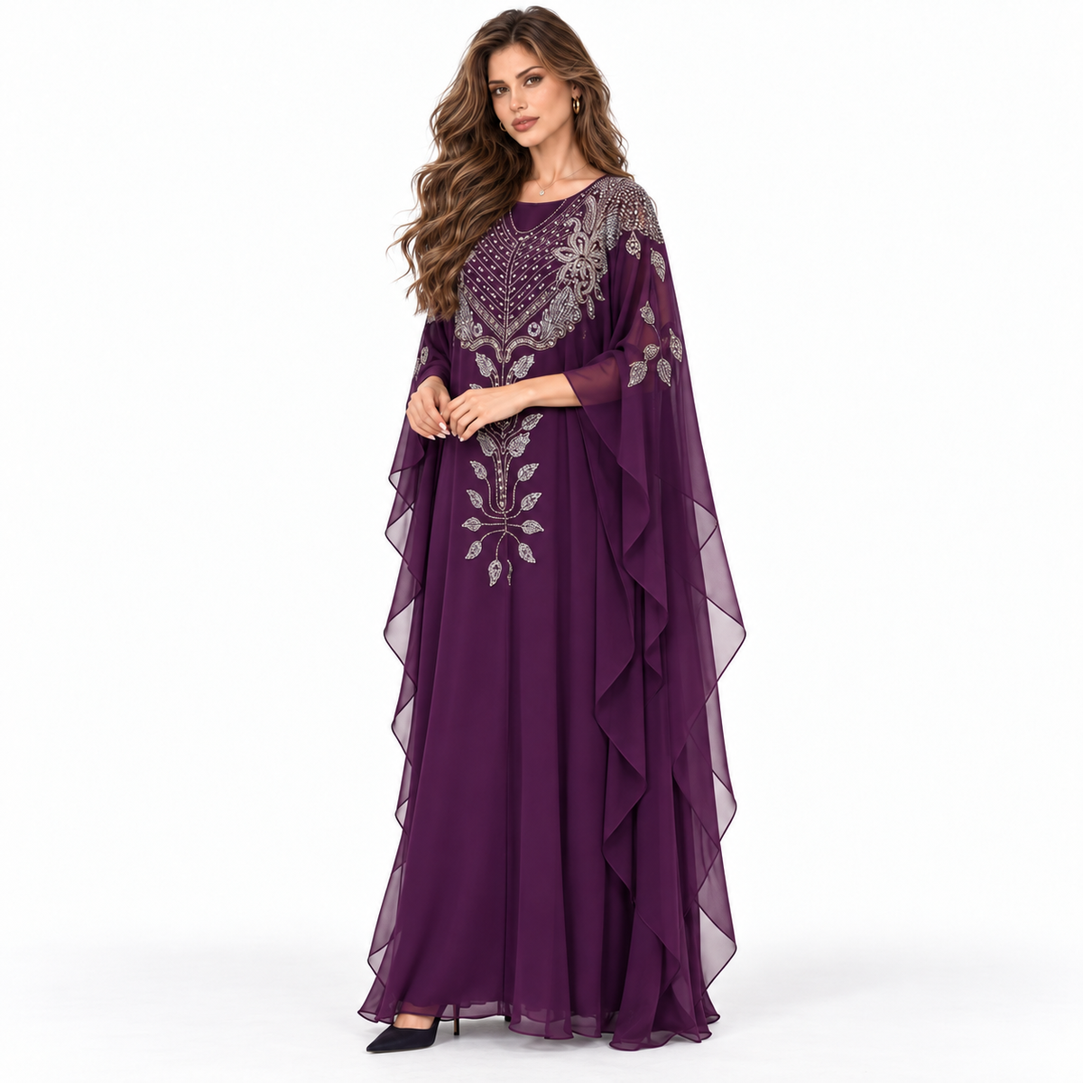Purple Embellished Chiffon Kaftan Evening Dress-3