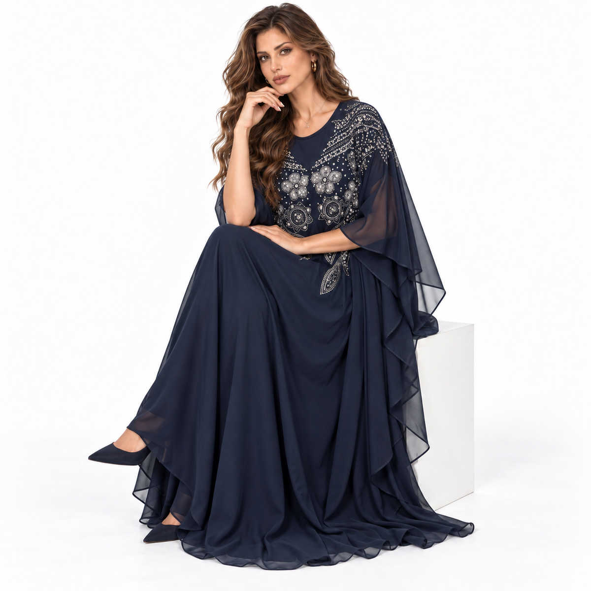 Black Embellished Flowing Chiffon Kaftan Dress-2