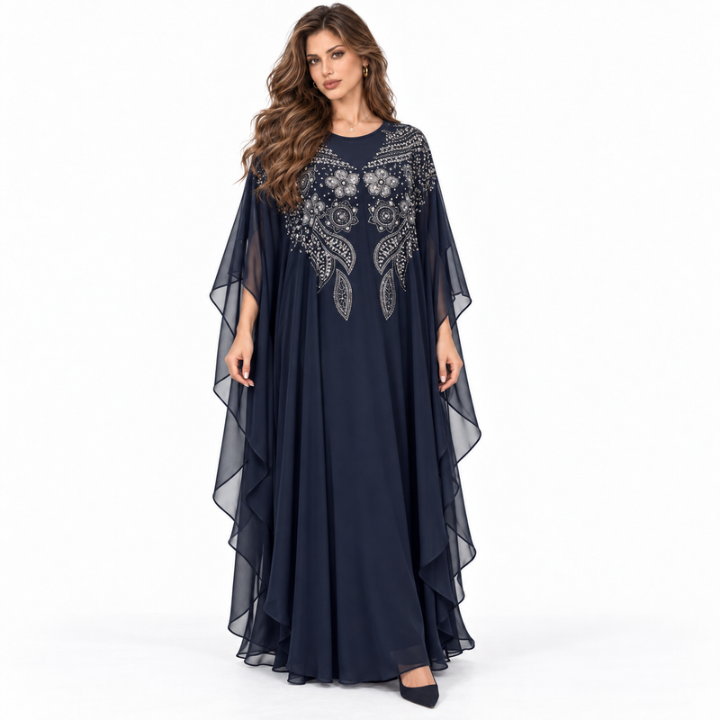 Black Embellished Flowing Chiffon Kaftan Dress-1