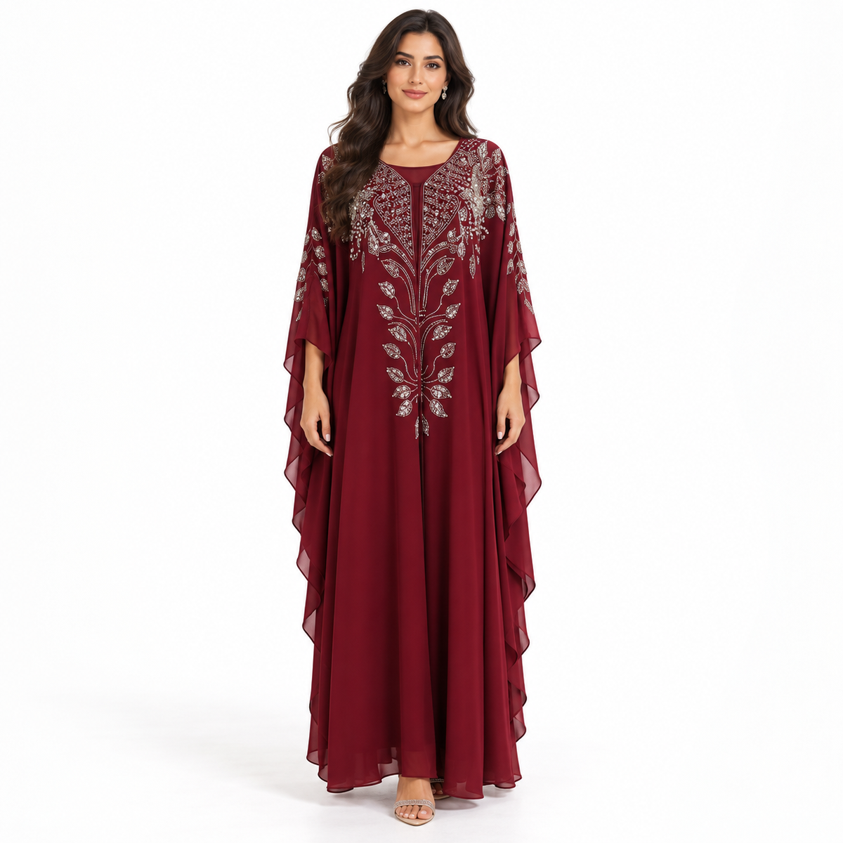 Burgundy Embellished Chiffon Evening Elegant Kaftan