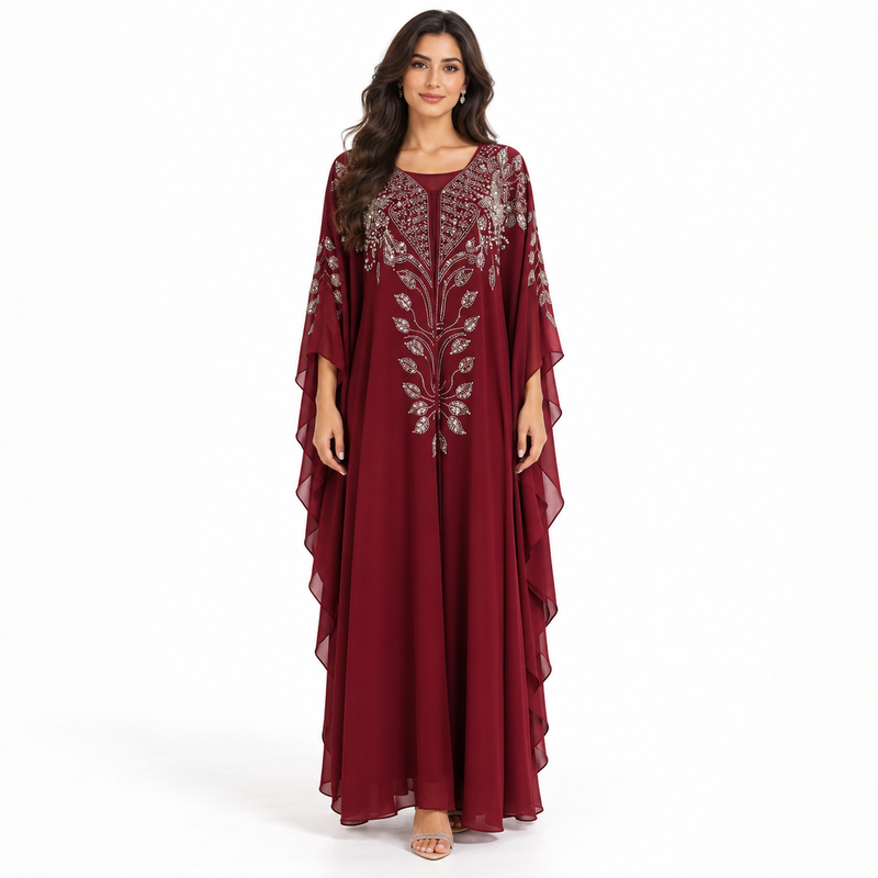 Burgundy Embellished Chiffon Kaftan Evening Dress-1