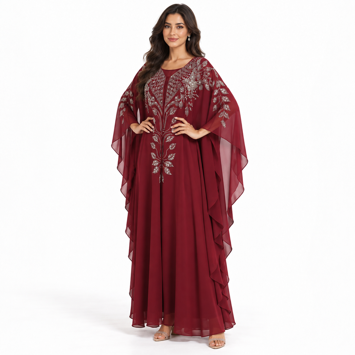 Burgundy Embellished Chiffon Kaftan Evening Dress-3