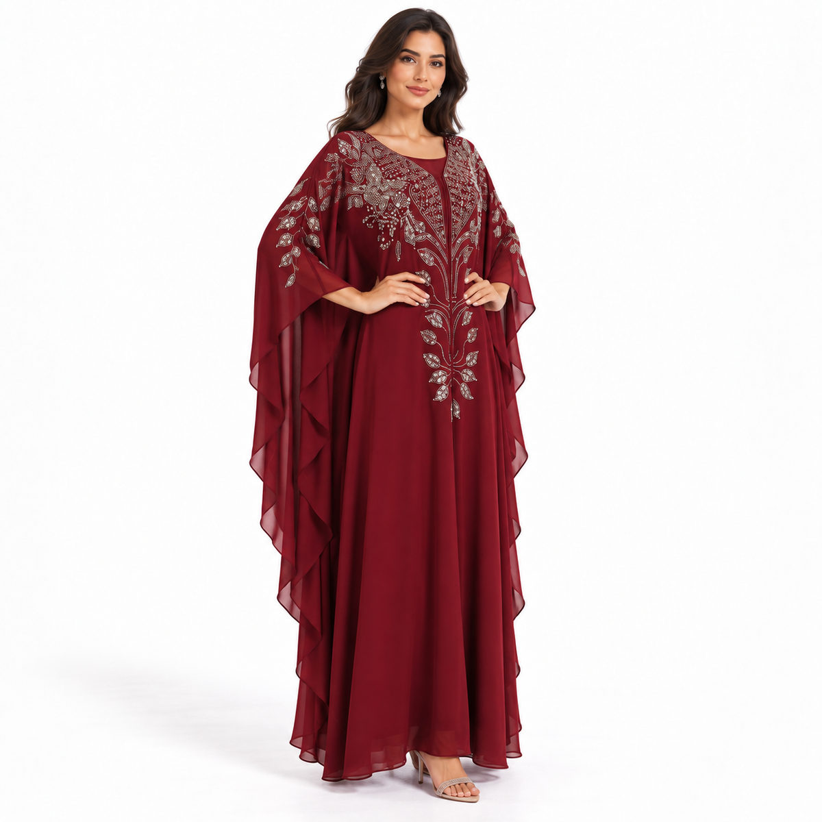 Burgundy Embellished Chiffon Kaftan Evening Dress-2