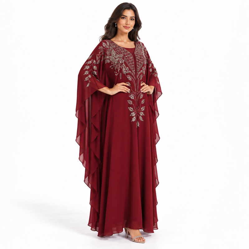 Burgundy Embellished Chiffon Kaftan Evening Dress-2