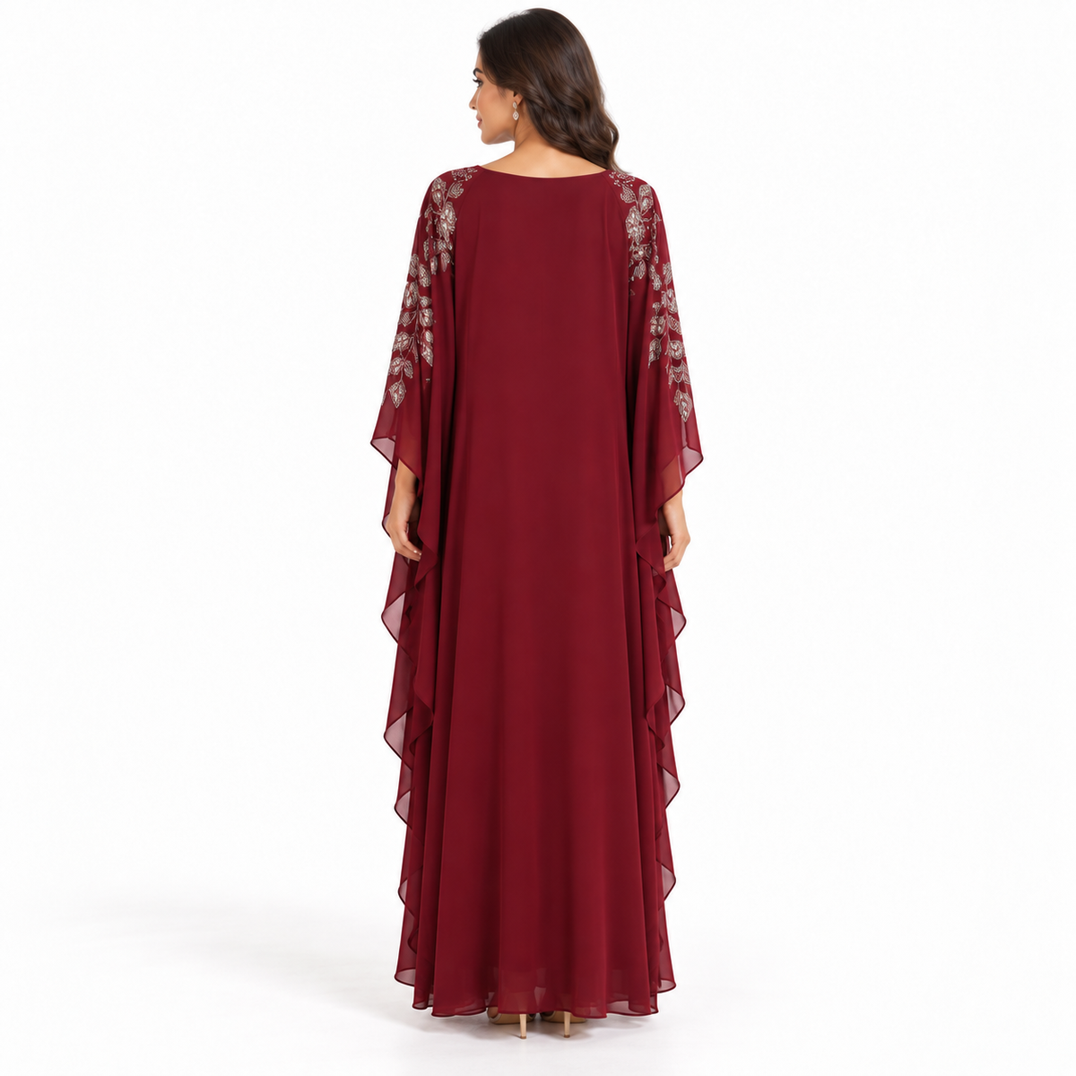 Burgundy Embellished Chiffon Kaftan Evening Dress-4
