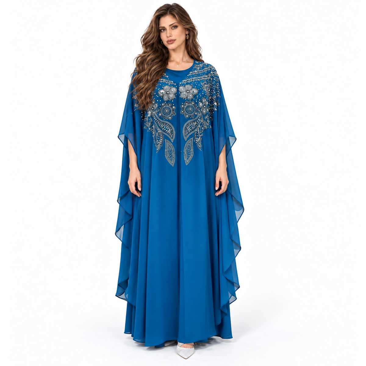 Blue Embellished Flowing Chiffon Kaftan Dress-1