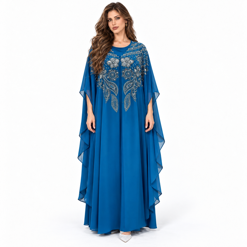 Blue Embellished Flowing Chiffon Kaftan Dress-1