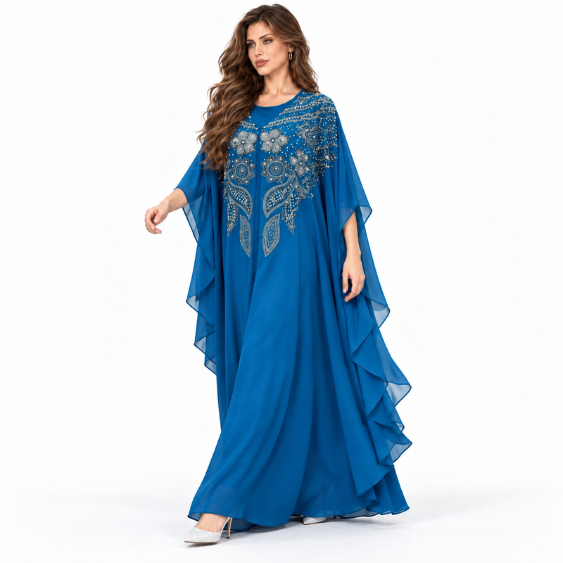 Blue Embellished Flowing Chiffon Kaftan Dress-3