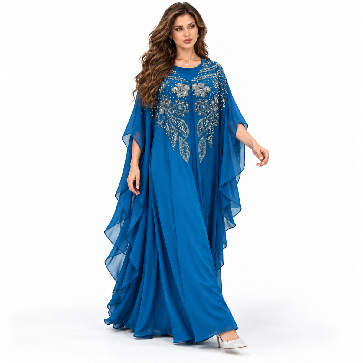 Blue Embellished Flowing Chiffon Kaftan Dress-2