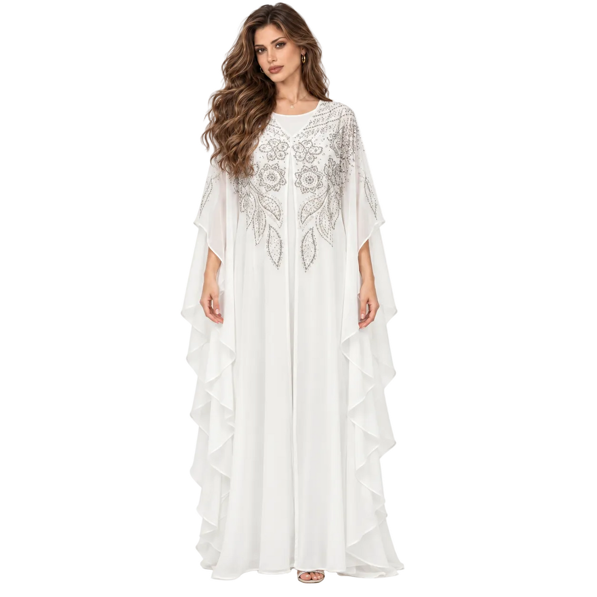 White Embellished Chiffon Kaftan Evening Dress-1