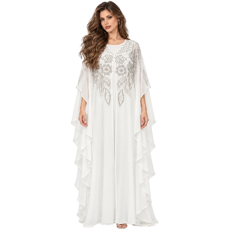 White Embellished Chiffon Kaftan Evening Dress-1