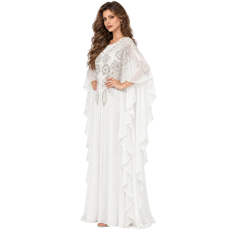 White Embellished Chiffon Kaftan Evening Dress-2