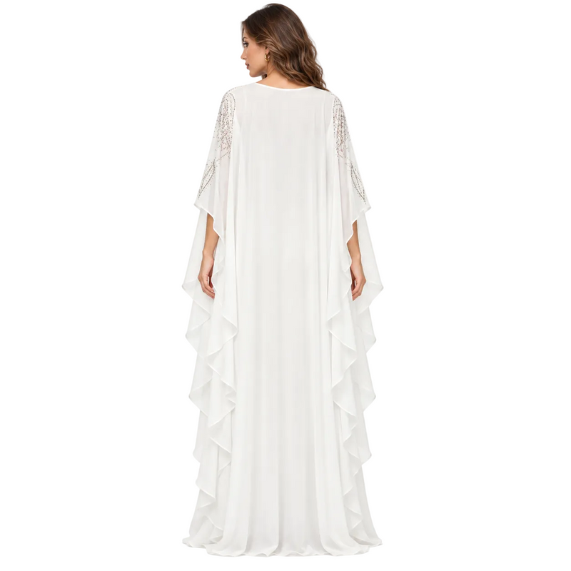 White Embellished Chiffon Kaftan Evening Dress-4