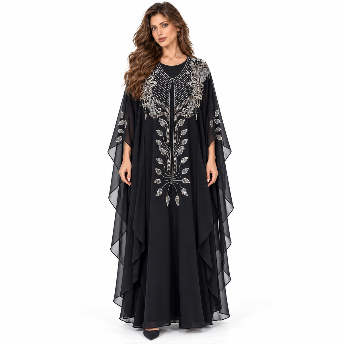 Black Embellished Flowing Chiffon Elegant Kaftan