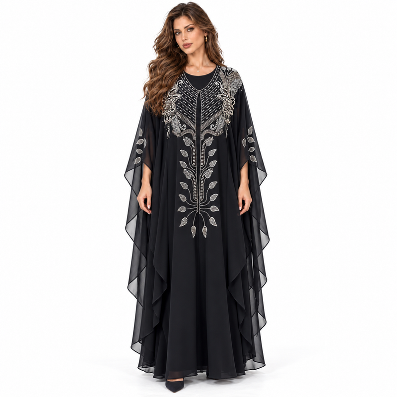 Black Embellished Flowing Chiffon Kaftan Dress-1
