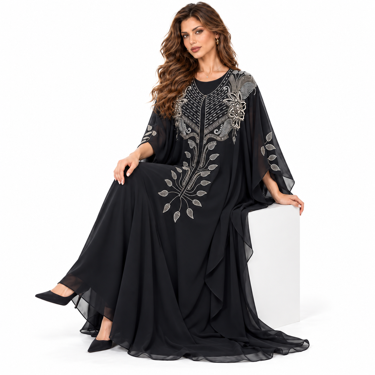 Black Embellished Flowing Chiffon Kaftan Dress-2