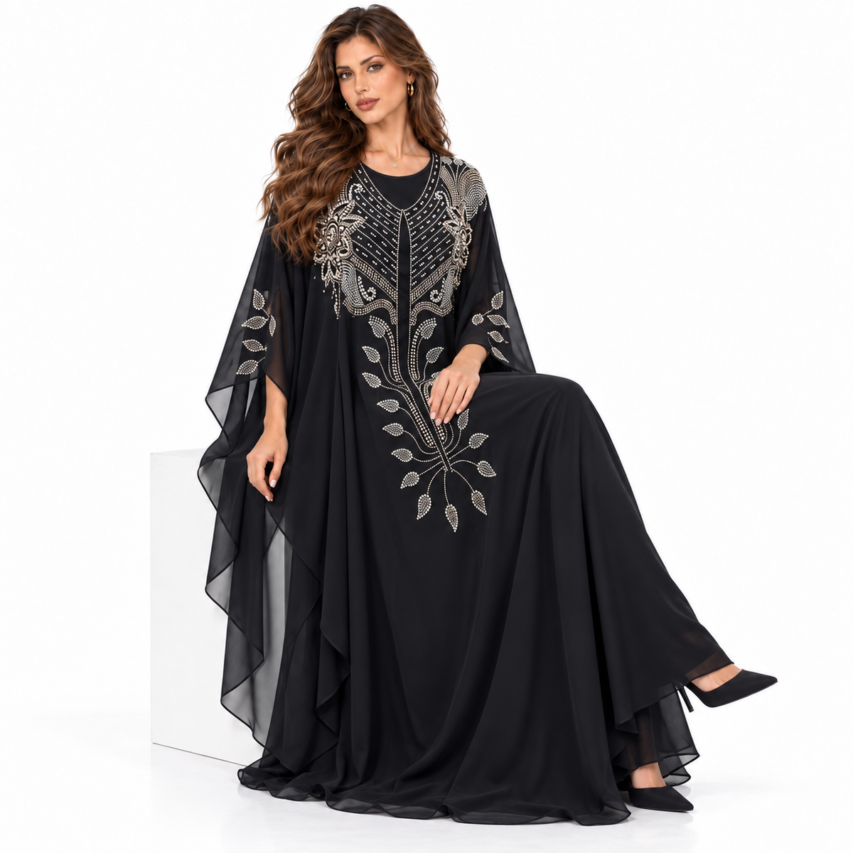 Black Embellished Flowing Chiffon Kaftan Dress-3