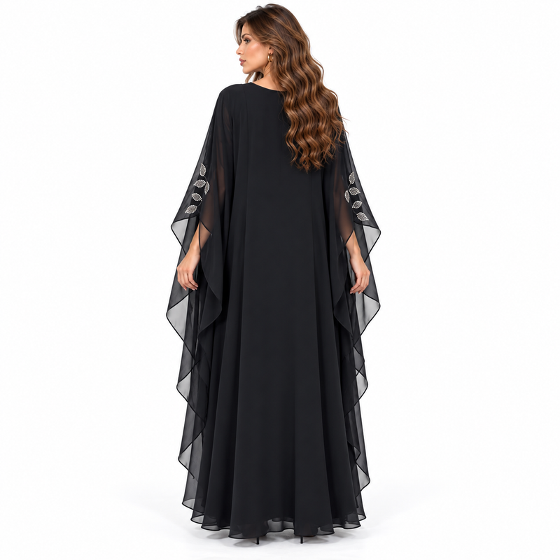 Black Embellished Flowing Chiffon Kaftan Dress-4