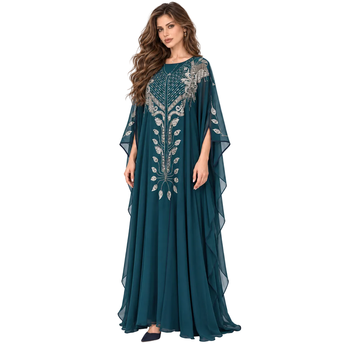 Teal Silver Embellished Flowing Kaftan Dress-3