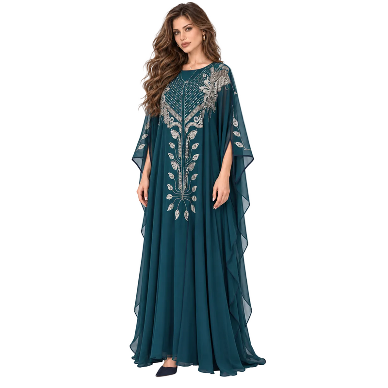 Teal Silver Embellished Flowing Kaftan Dress-3