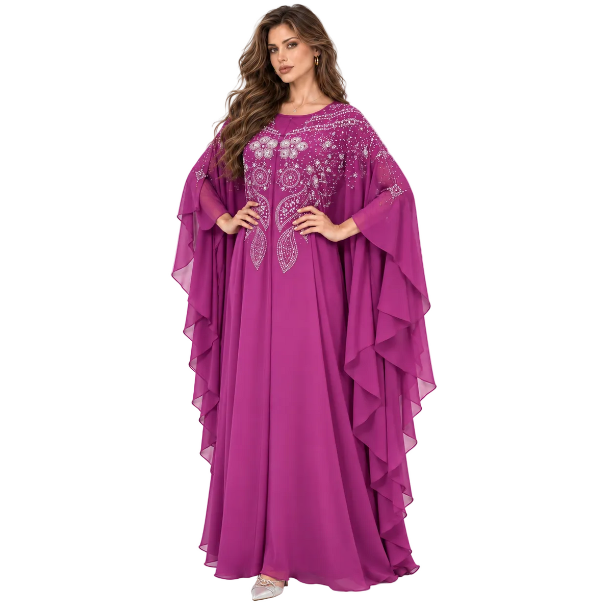 Purple Embellished Chiffon Kaftan Evening Dress-2