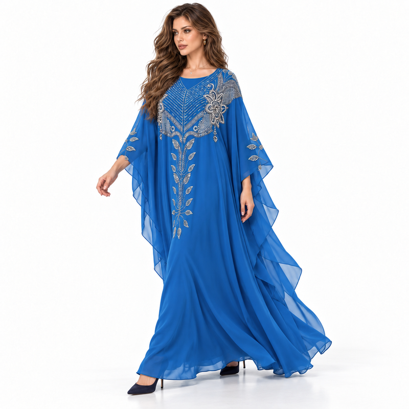 Royal Blue Embellished Flowing Kaftan Dress-3