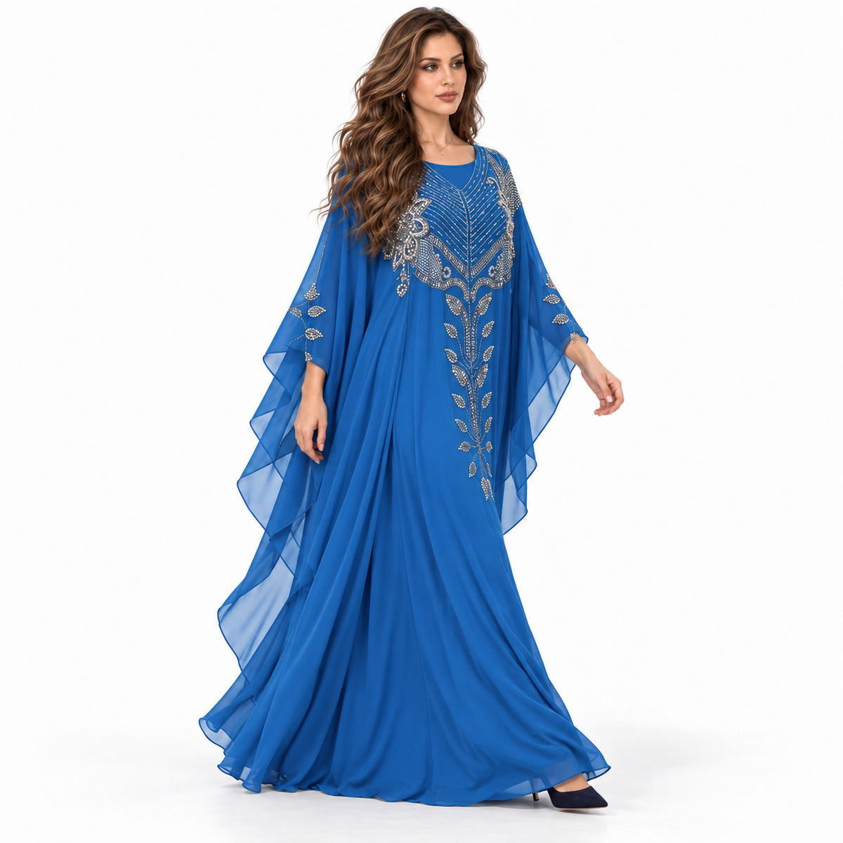 Royal Blue Embellished Flowing Kaftan Dress-2