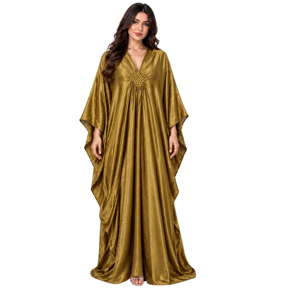 Elegant Olive Gold Satin Batwing Kaftan-1