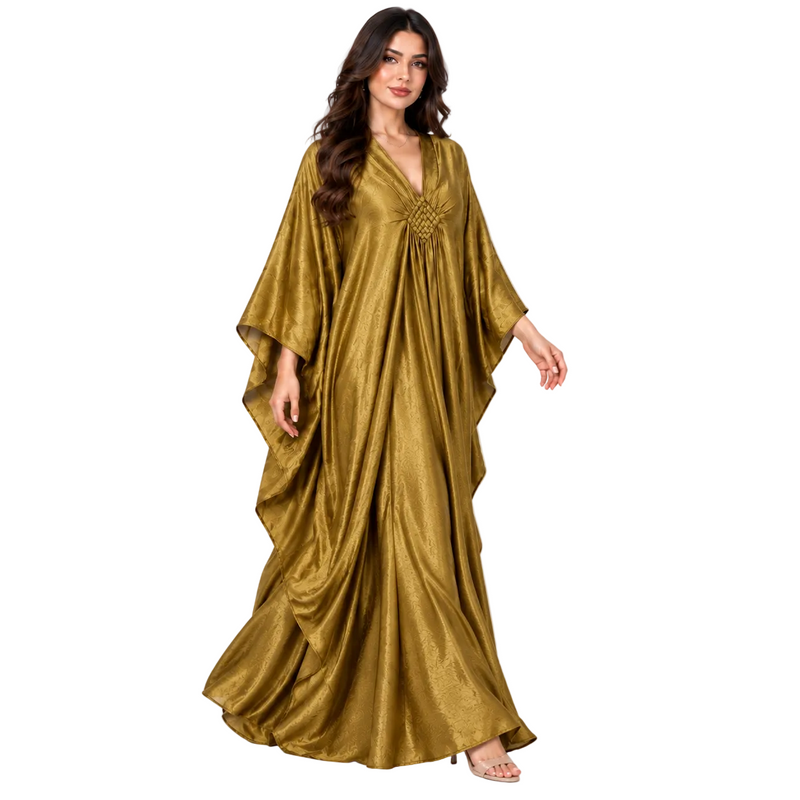 Elegant Olive Gold Satin Batwing Kaftan-3