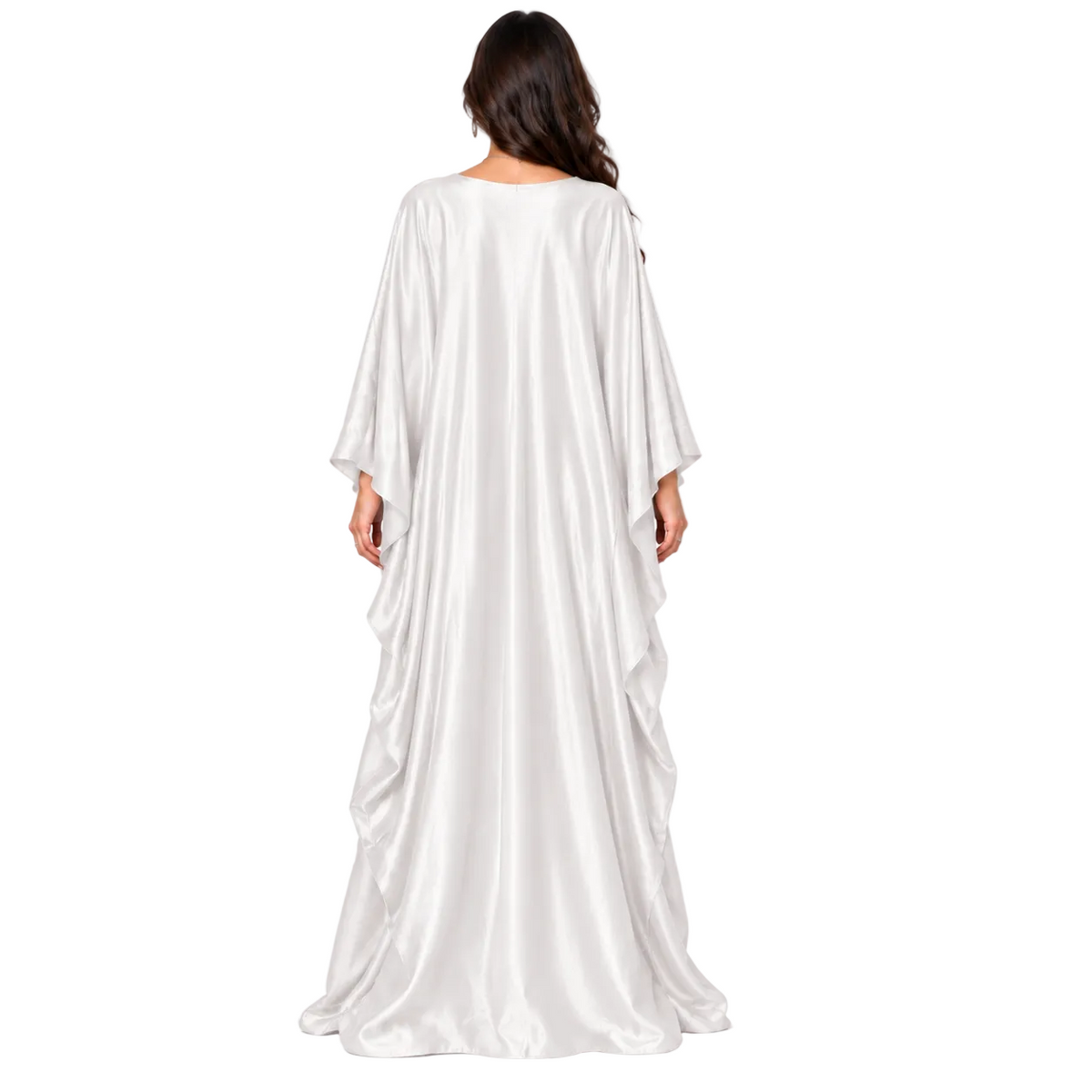 Elegant White Satin Batwing Sleeve Kaftan-4