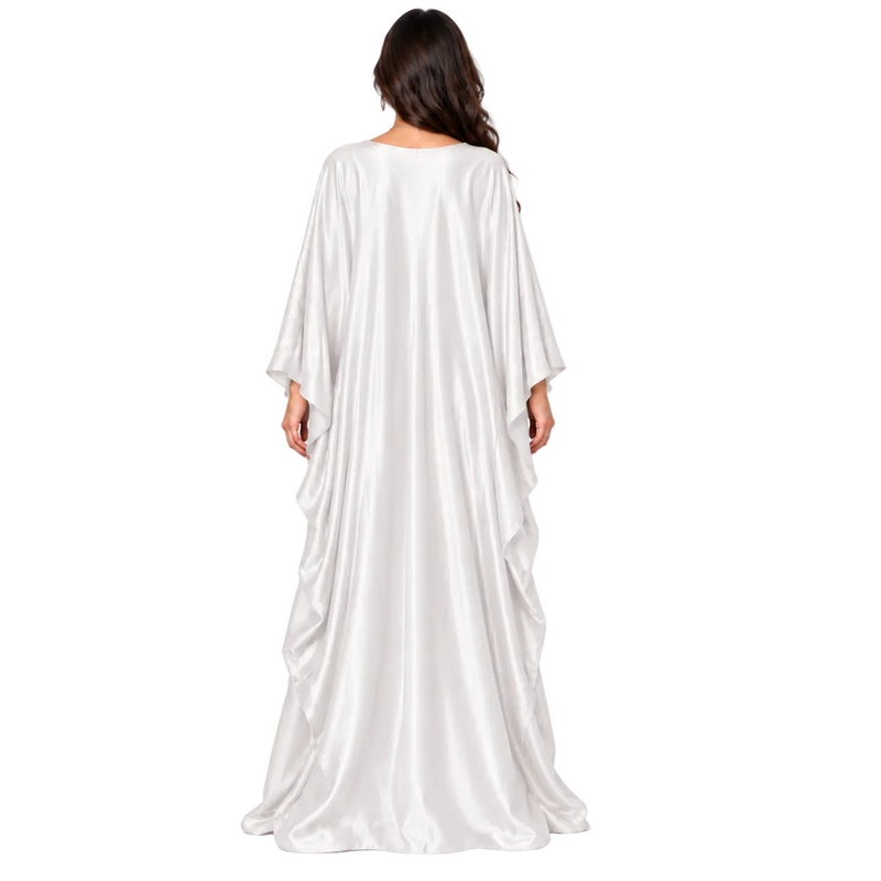 Elegant White Satin Batwing Sleeve Kaftan-4