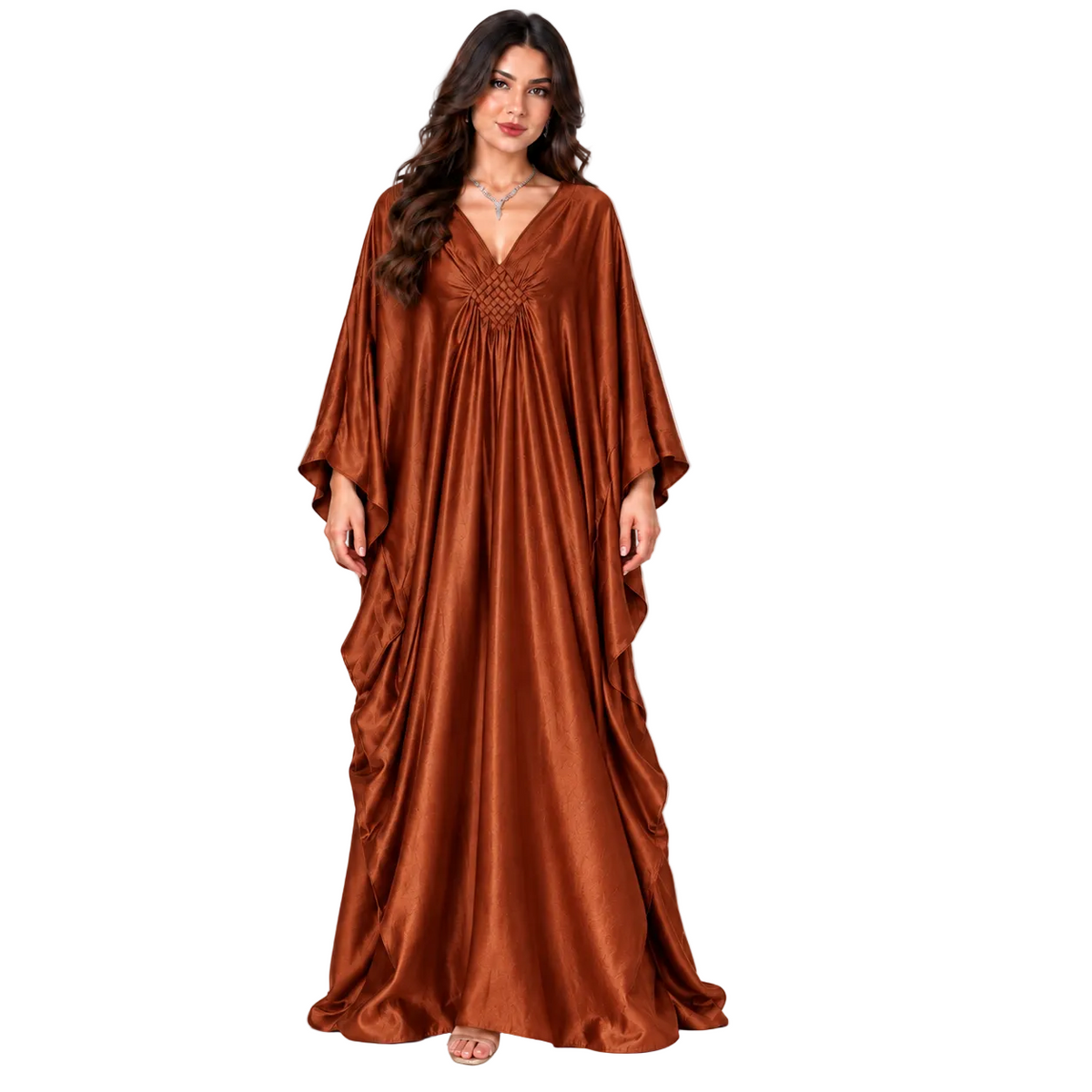 Elegant Brown Satin Batwing Maxi Kaftan-1