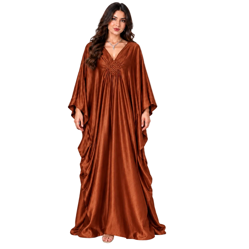 Elegant Brown Satin Batwing Maxi Kaftan-1