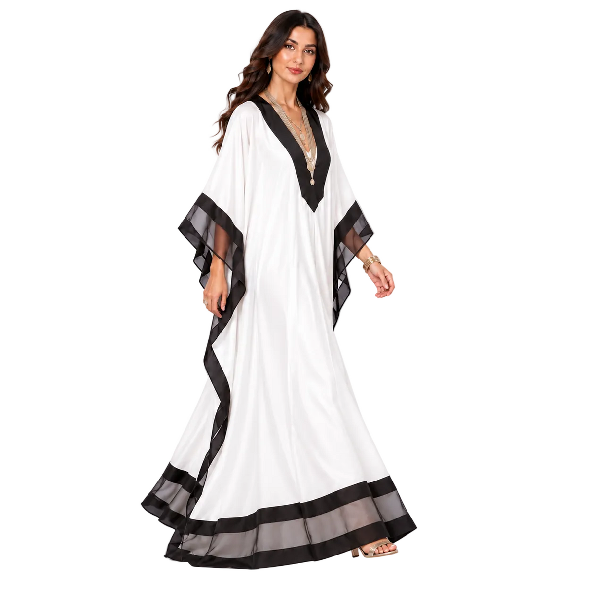 Elegant White Black Trim Batwing Kaftan-2