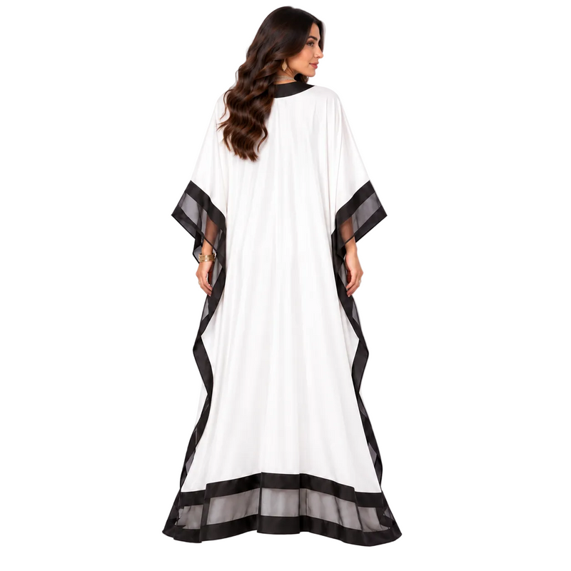 Elegant White Black Trim Batwing Kaftan-4